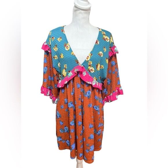 Anthropologie  Ruffled Sleep Mini Dress funky boho floral multicolor small - Picture 2 of 6